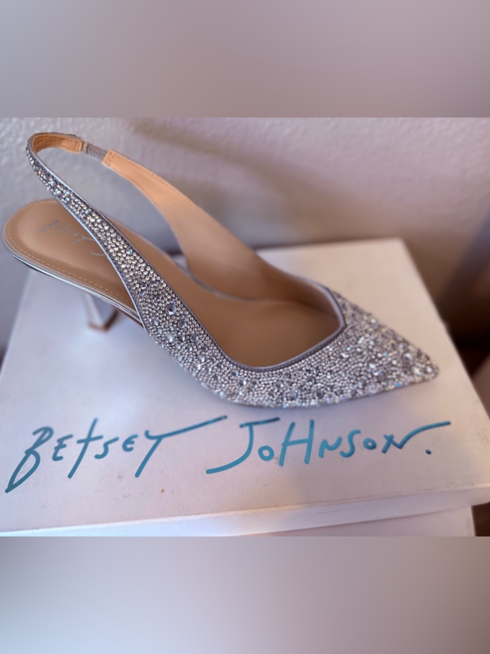 Brand New in Box Betsy Johnson Clark Rhinestone Slingback Heel-Silver
